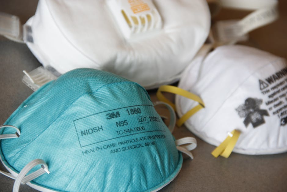 Detailed close-up of various N95 masks for healthcare and protection, highlighting design and material.